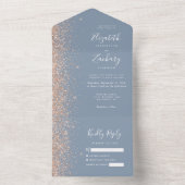 Modern Peach Glitter Dusty Blue Wedding All In One Uitnodiging (Binnen)