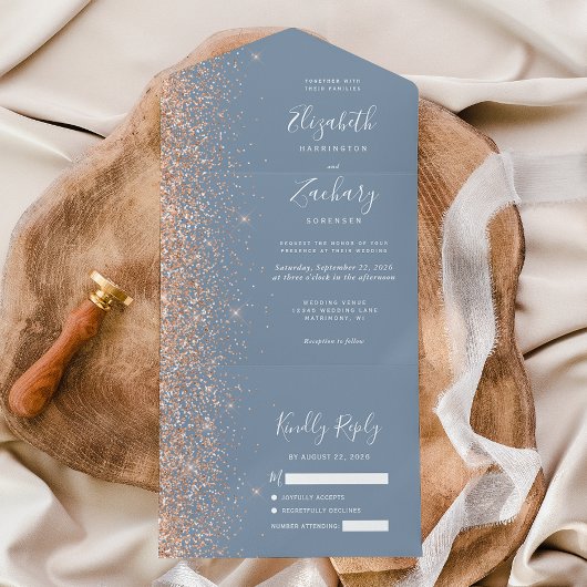 Modern Peach Glitter Dusty Blue Wedding All In One Uitnodiging