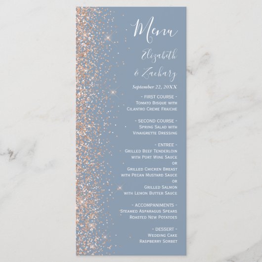 Modern Peach Glitter Dusty Blue Wedding Menu (Voorkant)