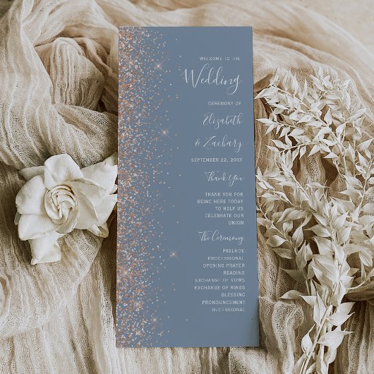 Modern Peach Glitter Dusty Blue Wedding Program
