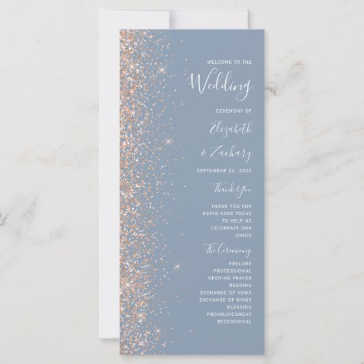 Modern Peach Glitter Dusty Blue Wedding Program (Voorkant)