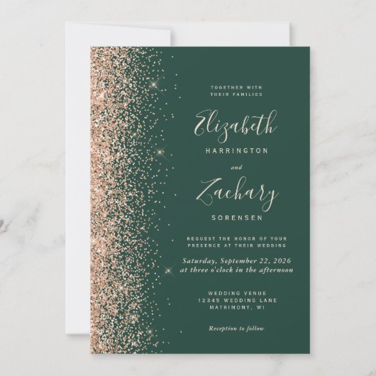 Modern Peach Glitter Edge Emerald Green Wedding Kaart (Voorkant)