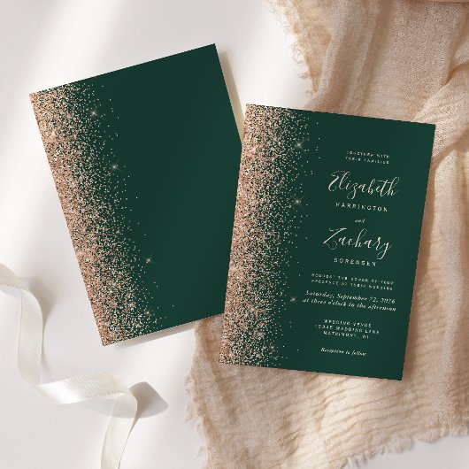 Modern Peach Glitter Edge Emerald Green Wedding Kaart