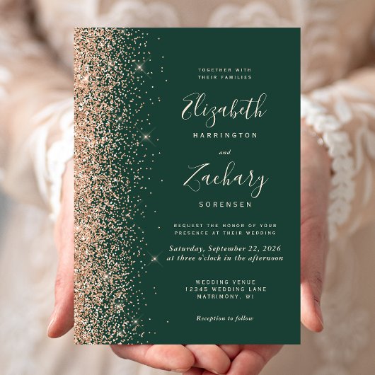 Modern Peach Glitter Edge Emerald Green Wedding Kaart