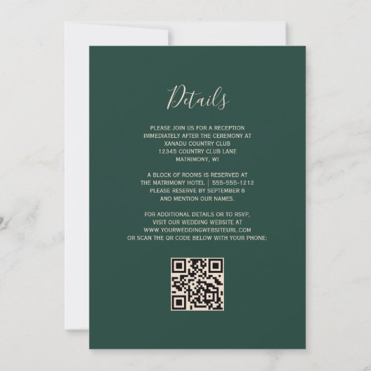 Modern Peach Glitter Emerald Green QR Code Wedding Kaart (Achterkant)