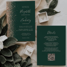 Modern Peach Glitter Emerald Green QR Code Wedding