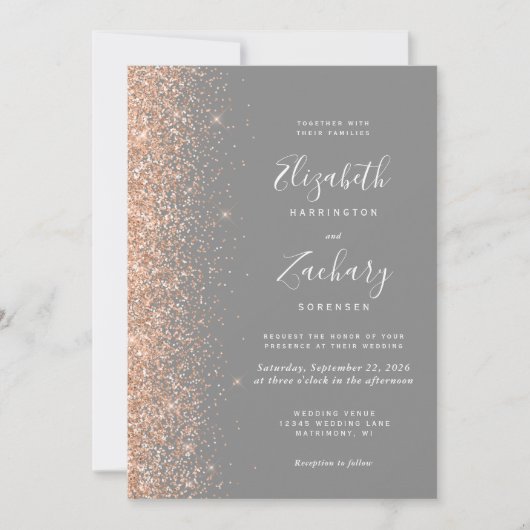 Modern Peach Glitter Gray QR Code Wedding Kaart (Voorkant)