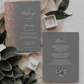 Modern Peach Glitter Gray QR Code Wedding Kaart
