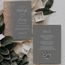Modern Peach Glitter Gray QR Code Wedding