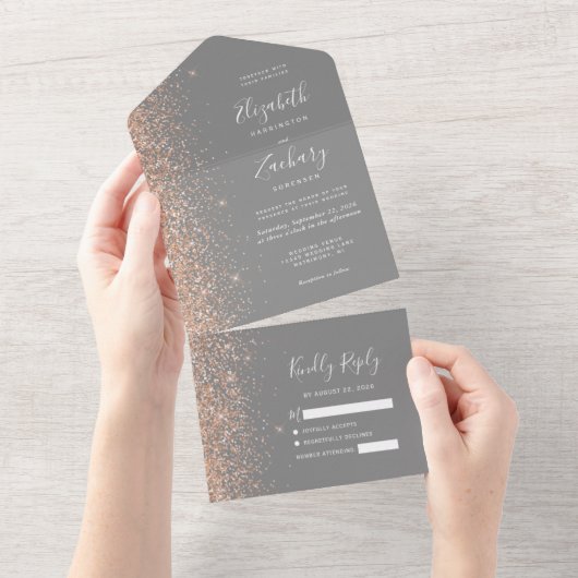 Modern Peach Glitter Gray Wedding All In One Uitnodiging (Afscheurbaar)