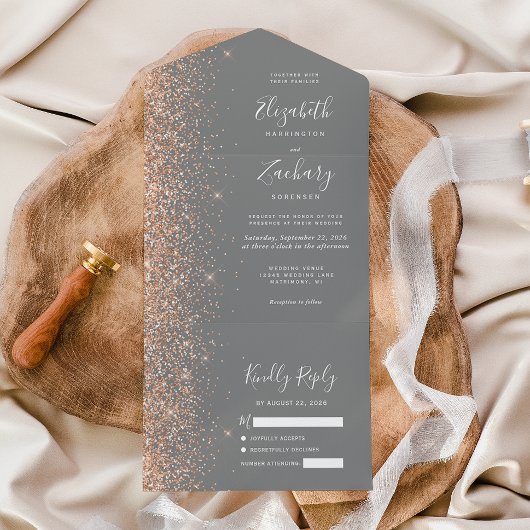 Modern Peach Glitter Gray Wedding All In One Uitnodiging