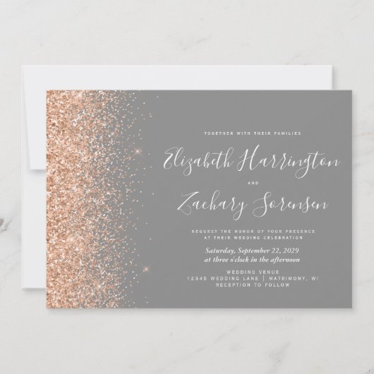 Modern Peach Glitter Gray Wedding Kaart (Voorkant)