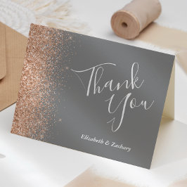 Modern Peach Glitter Grey Wedding Bedankt Kaart