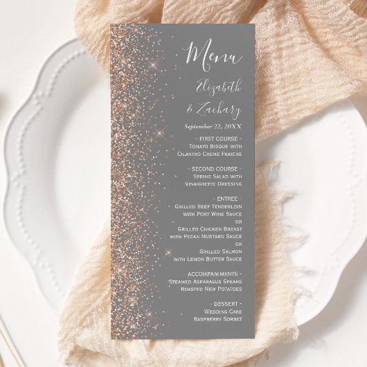 Modern Peach Glitter Grey Wedding Menu