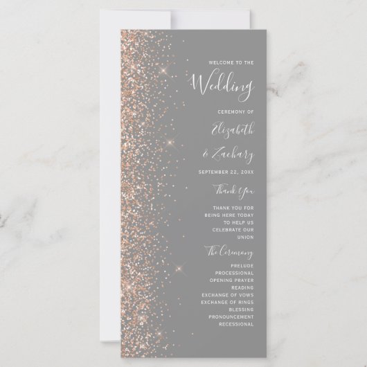 Modern Peach Glitter Grey Wedding Programma (Voorkant)