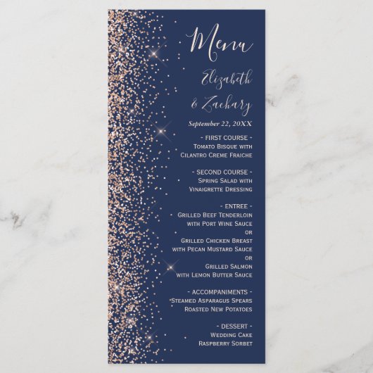 Modern Peach Glitter Navy Blue Wedding Menu (Voorkant)