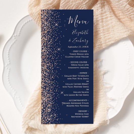 Modern Peach Glitter Navy Blue Wedding Menu