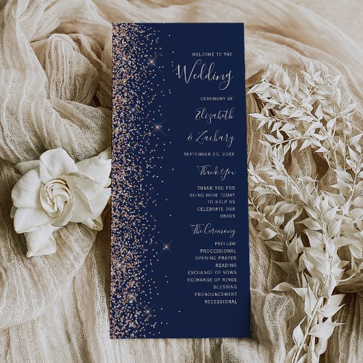 Modern Peach Glitter Navy Blue Wedding Program