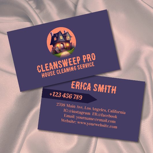Modern Peach House Cleaner Maid Service Logo Visitekaartje