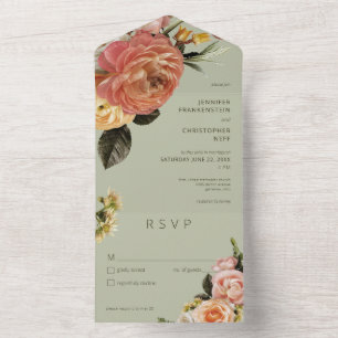 Modern Peach Mimosa Bloemengroen All In One Uitnodiging