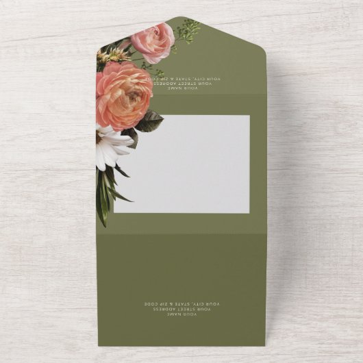 Modern peach mimosa Floral Sage Green Dinner All In One Uitnodiging (Buitenkant)