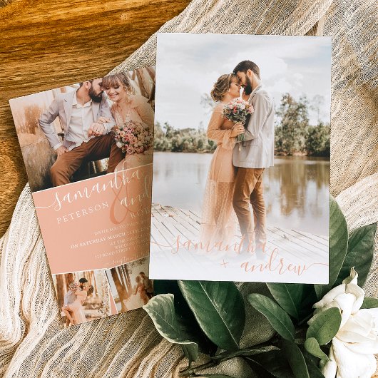 Modern peach minimalistisch script 5 foto's bruilo kaart