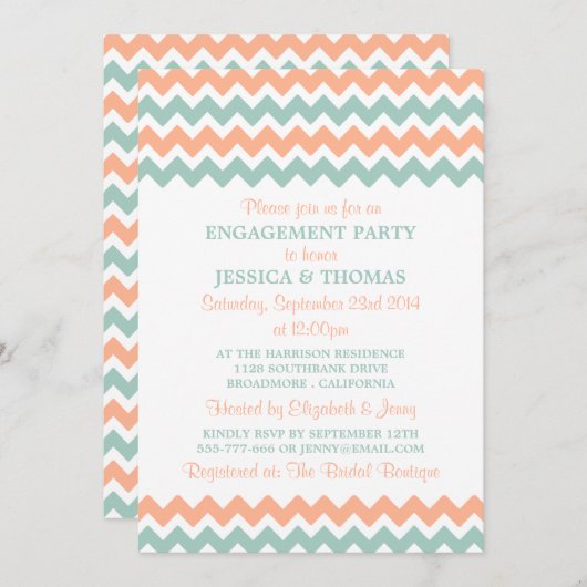 Modern Peach & Mint Chevron Engagement Party Kaart (Voorkant / Achterkant)