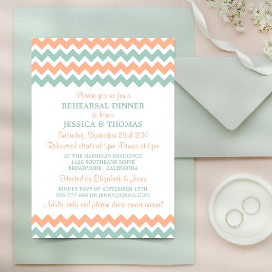 Modern Peach & Mint Chevron Rehearsal Dinner Kaart