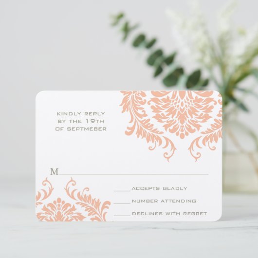 Modern Peach paddenstoel Damask Wedding RSVP (Staand voorkant)