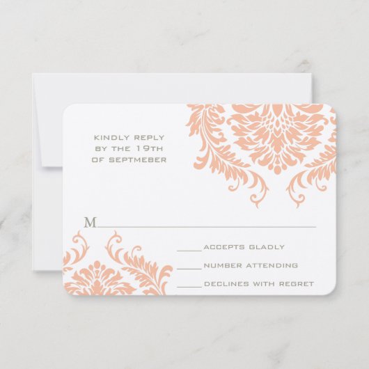 Modern Peach paddenstoel Damask Wedding RSVP (Voorkant)