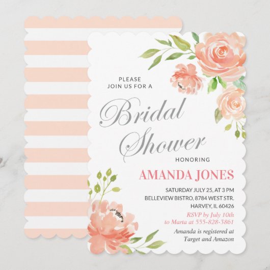 Modern Peach Peony Floral Vrijgezellenfeest Elegan Kaart (Voorkant / Achterkant)