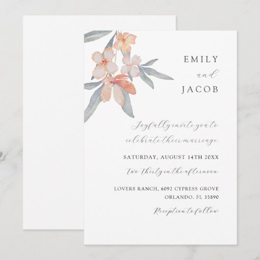 Modern Peach & Sage Floral Waterverf bruiloft Kaart (Voorkant / Achterkant)