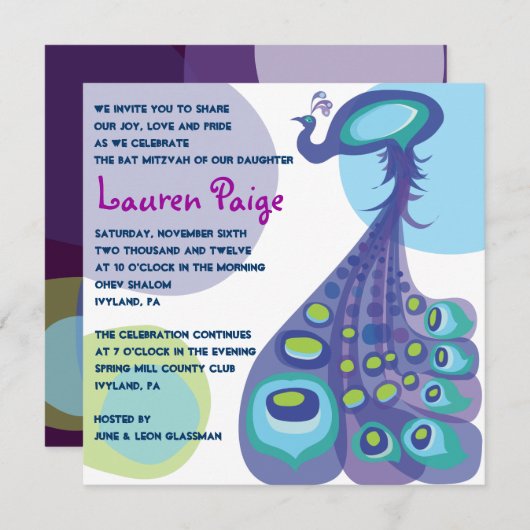 Modern Peacock Bar Bat Mitzvah Uitnodiging (Voorkant / Achterkant)
