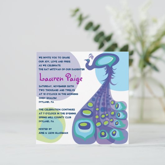 Modern Peacock Bar Bat Mitzvah Uitnodiging (Staand voorkant)
