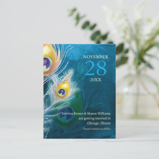 Modern Peacock Blue Wedding Save the Date Aankondigingskaart (Staand voorkant)