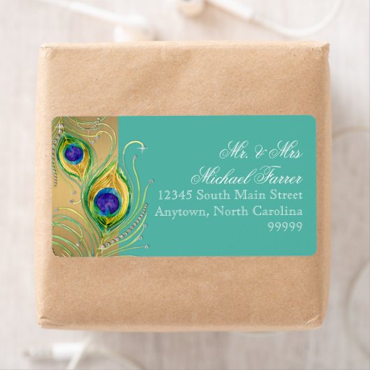 Modern Peacock Feather Faux Jewel Scroll Turquoise Etiket (Insitu)