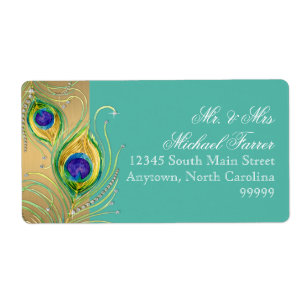 Modern Peacock Feather Faux Jewel Scroll Turquoise Etiket