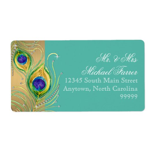 Modern Peacock Feather Faux Jewel Scroll Turquoise Etiket (Voorkant)