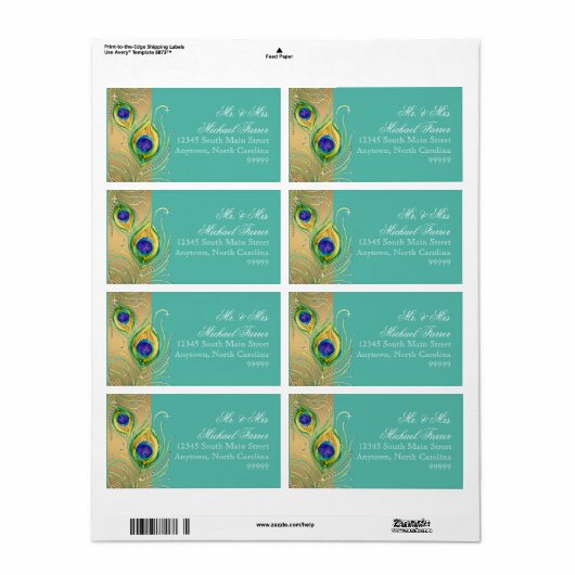 Modern Peacock Feather Faux Jewel Scroll Turquoise Etiket (Full Sheet)