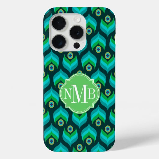 Modern Peacock Feather Pattern Monogram Case-Mate Case-Mate iPhone Case (Achterkant)
