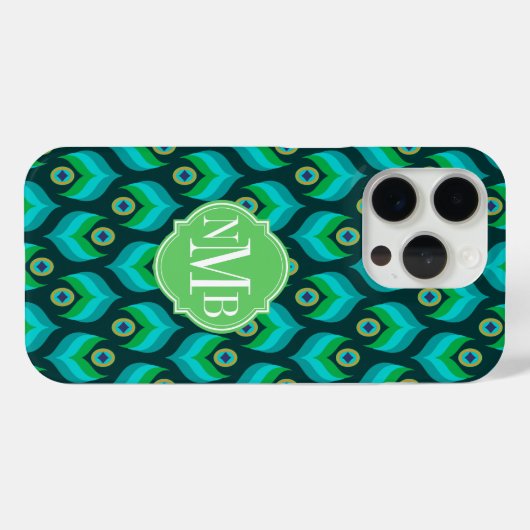 Modern Peacock Feather Pattern Monogram Case-Mate Case-Mate iPhone Case (Achterkant (horizontaal))