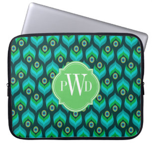 Modern Peacock Feather Pattern Monogram Laptop Sleeve