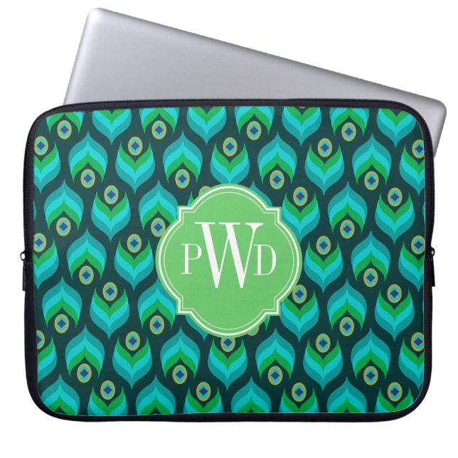 Modern Peacock Feather Pattern Monogram Laptop Sleeve (Voorkant)