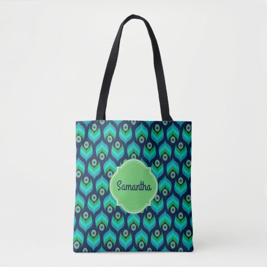 Modern Peacock Feather Pattern Name Tote Bag (Voorkant)