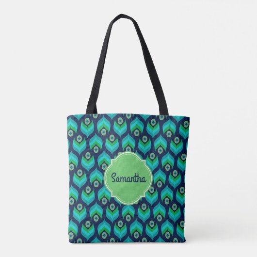 Modern Peacock Feather Pattern Name Tote Bag (Achterkant)