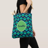 Modern Peacock Feather Pattern Name Tote Bag (Dichtbij)