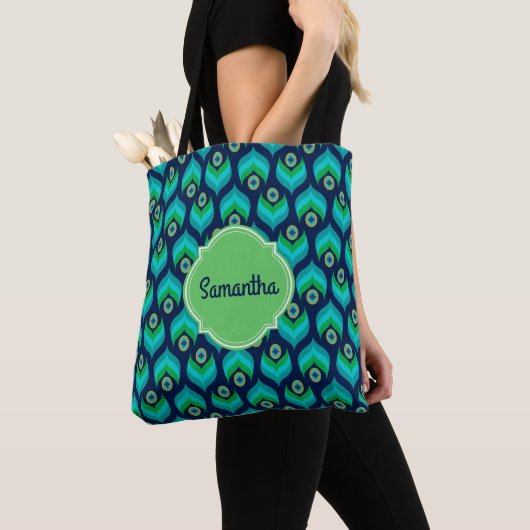 Modern Peacock Feather Pattern Name Tote Bag (Dichtbij)