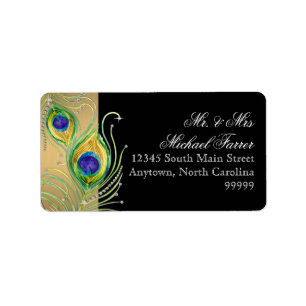Modern Peacock Feathers Faux Jewel Scroll Swirl Etiket