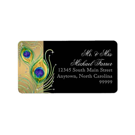 Modern Peacock Feathers Faux Jewel Scroll Swirl Etiket (Voorkant)