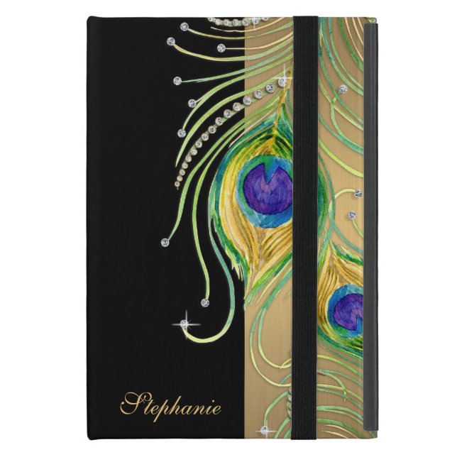 Modern Peacock Feathers Faux Jewel Scroll Swirl iPad Mini Hoesje (Voorkant Dicht)